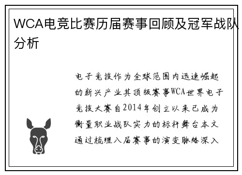 WCA电竞比赛历届赛事回顾及冠军战队分析