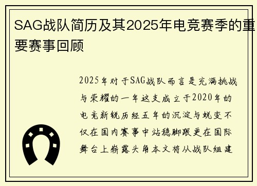 SAG战队简历及其2025年电竞赛季的重要赛事回顾