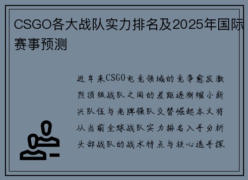 CSGO各大战队实力排名及2025年国际赛事预测